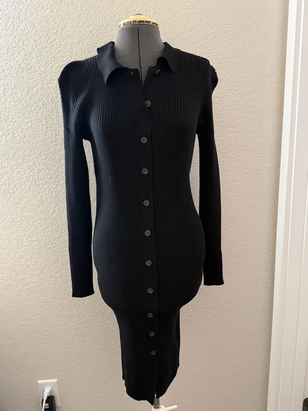 Black Ribbed Button-Front Knit Dress